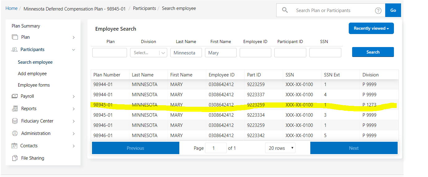 Select Employee Plan Screen